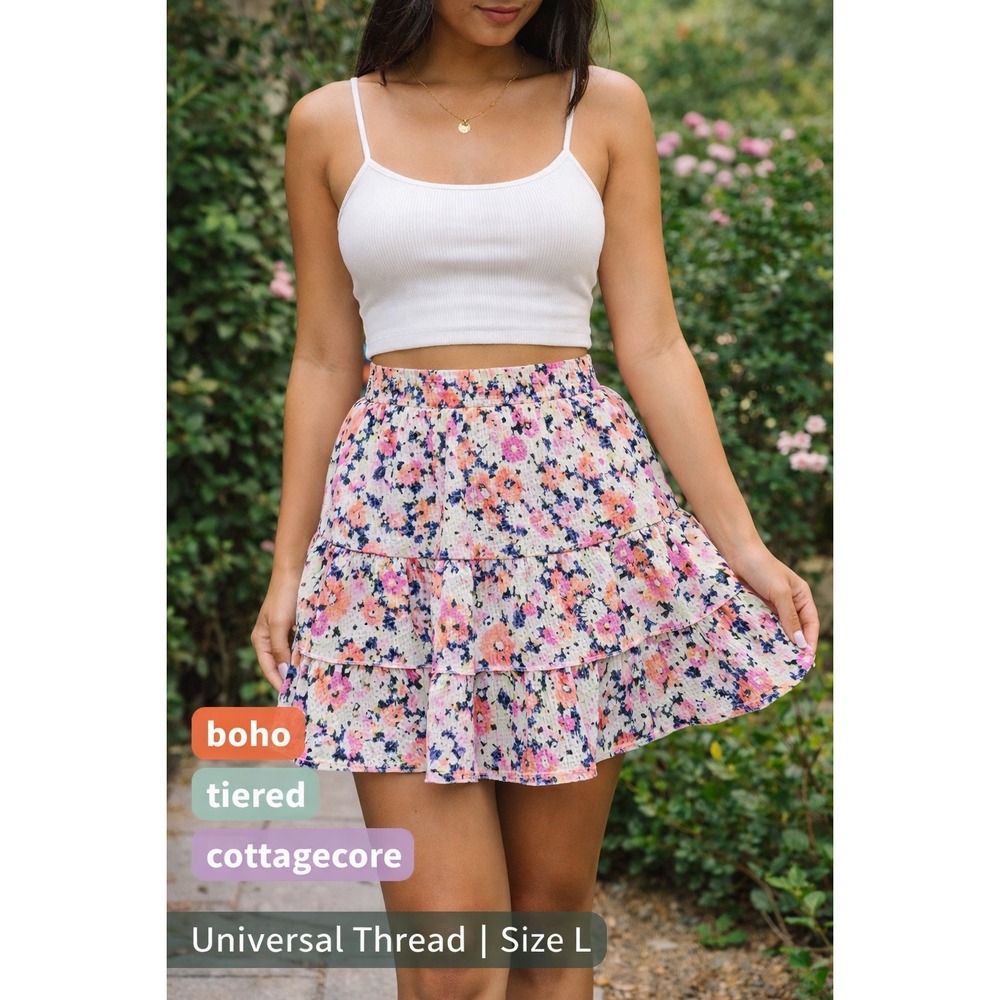 Universal Thread Boho Tiered Floral Mini Skirt Pink Orange Smocked‎ Waist Large